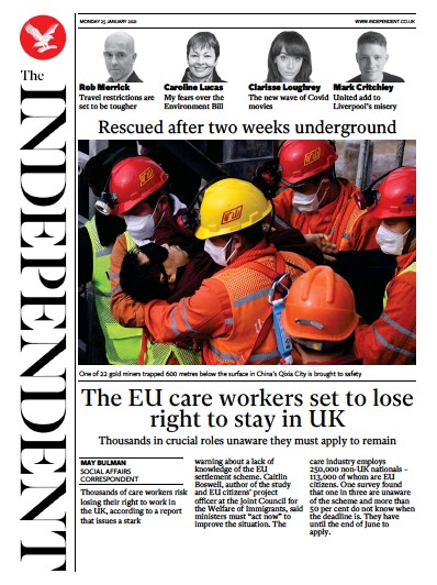 The Independent Newspaper Front Page (UK) for 25 January 2021