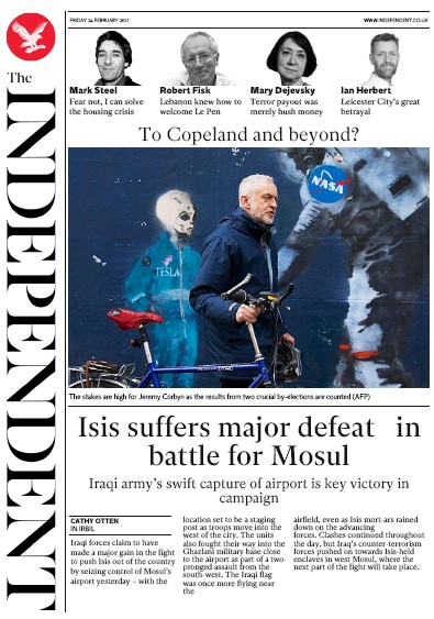 The Independent Newspaper Front Page (UK) for 25 February 2017
