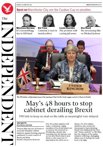 The Independent Newspaper Front Page (UK) for 25 February 2019