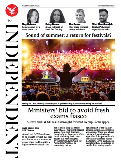The Independent Newspaper Front Page (UK) for 25 February 2021