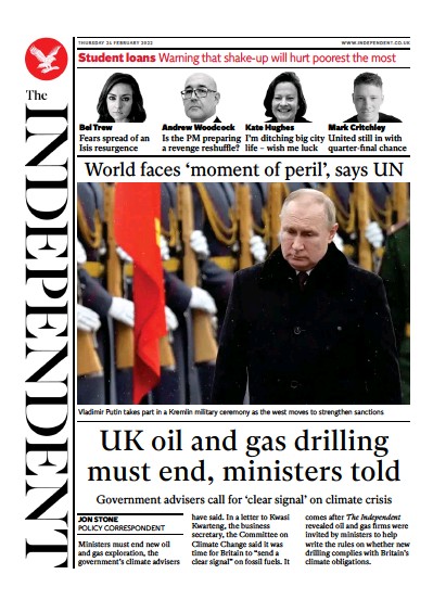 The Independent Newspaper Front Page (UK) for 25 February 2022