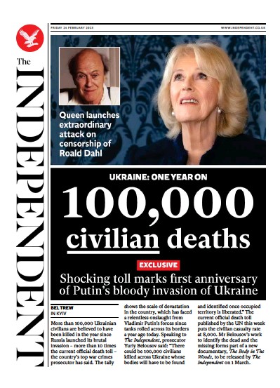 The Independent Newspaper Front Page (UK) for 25 February 2023