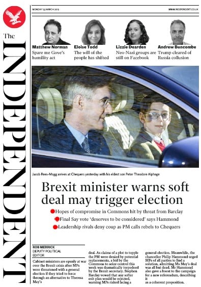 The Independent Newspaper Front Page (UK) for 25 March 2019