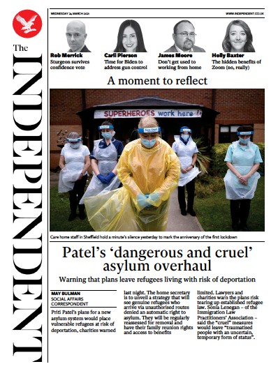 The Independent Newspaper Front Page (UK) for 25 March 2021
