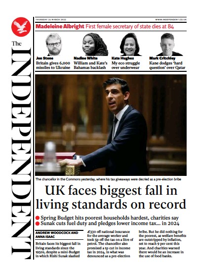 The Independent Newspaper Front Page (UK) for 25 March 2022