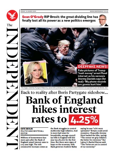 The Independent Newspaper Front Page (UK) for 25 March 2023