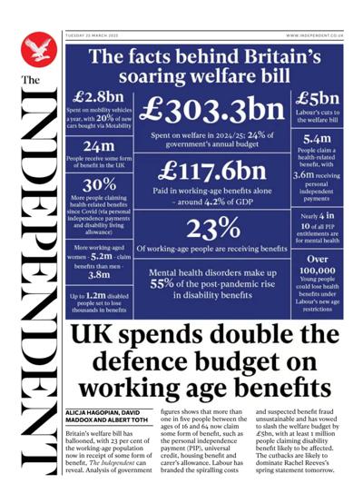The Independent Newspaper Front Page (UK) for 25 March 2025