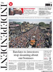 The Independent (UK) Newspaper Front Page for 25 April 2014