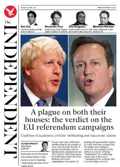 The Independent Newspaper Front Page (UK) for 25 April 2016