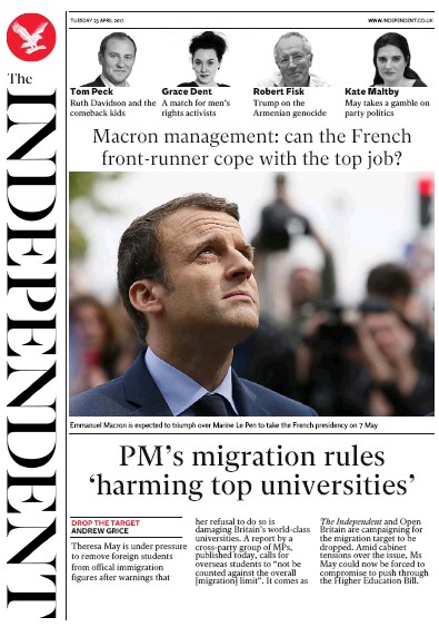 The Independent Newspaper Front Page (UK) for 25 April 2017