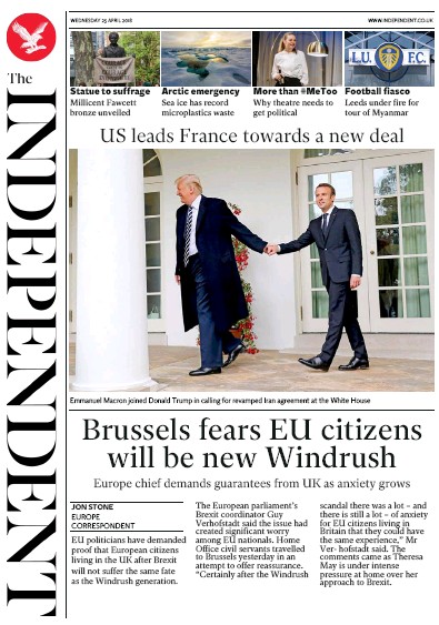 The Independent Newspaper Front Page (UK) for 25 April 2018