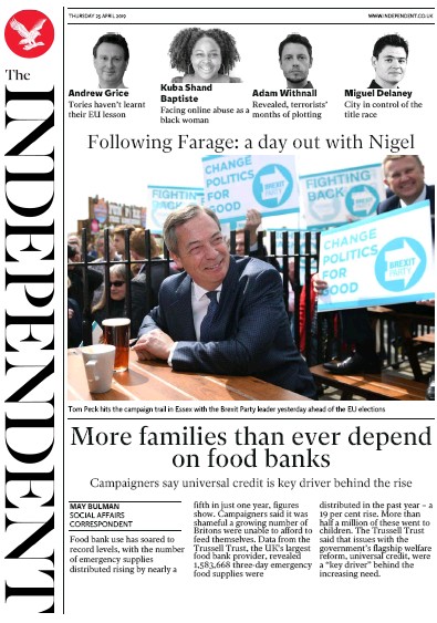 The Independent Newspaper Front Page (UK) for 25 April 2019
