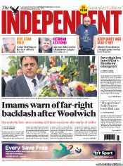 The Independent Newspaper Front Page (UK) for 25 May 2013