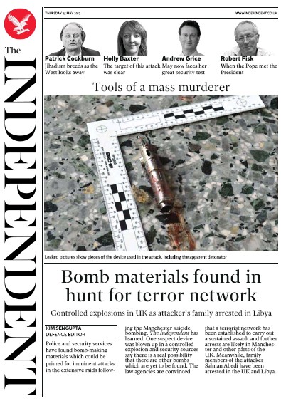 The Independent Newspaper Front Page (UK) for 25 May 2017