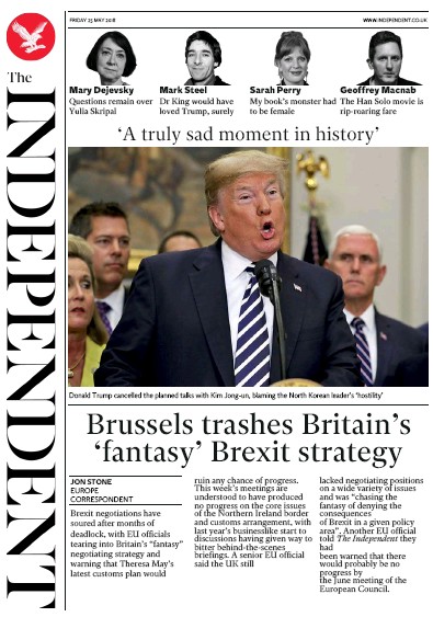The Independent Newspaper Front Page (UK) for 25 May 2018