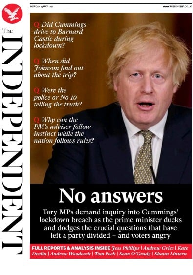 The Independent Newspaper Front Page (UK) for 25 May 2020