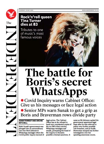 The Independent Newspaper Front Page (UK) for 25 May 2023