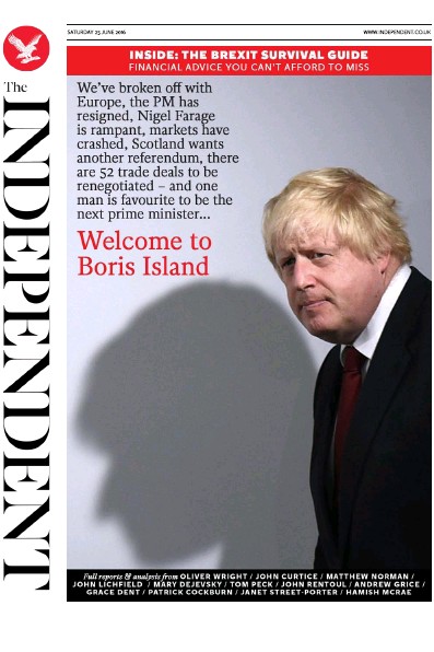 The Independent Newspaper Front Page (UK) for 25 June 2016
