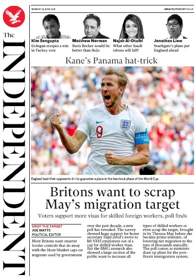 The Independent Newspaper Front Page (UK) for 25 June 2018