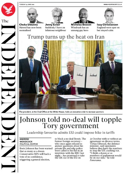 The Independent Newspaper Front Page (UK) for 25 June 2019