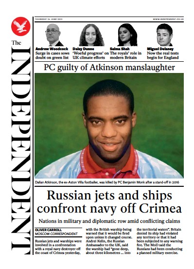 The Independent Newspaper Front Page (UK) for 25 June 2021