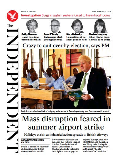 The Independent Newspaper Front Page (UK) for 25 June 2022