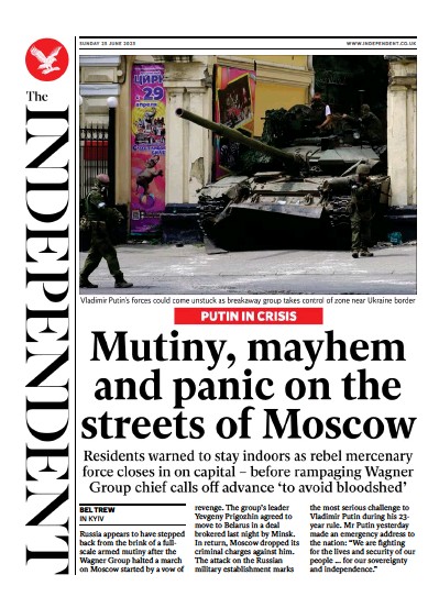 The Independent Newspaper Front Page (UK) for 25 June 2023