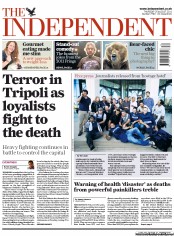 The Independent Newspaper Front Page (UK) for 25 August 2011