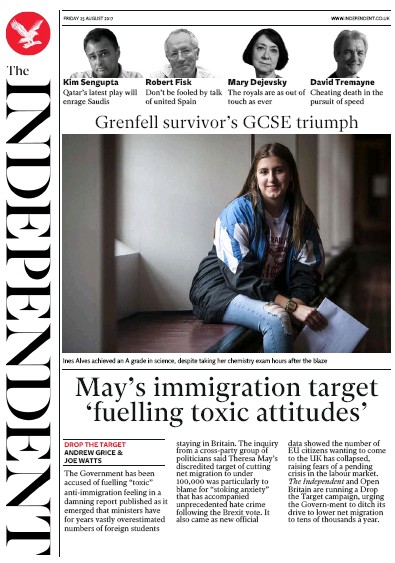 The Independent Newspaper Front Page (UK) for 25 August 2017