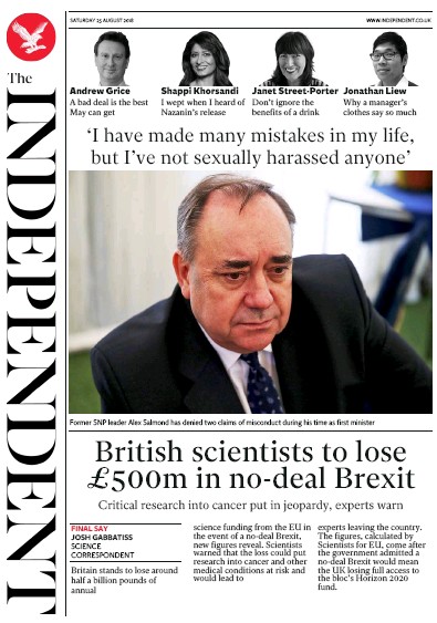 The Independent Newspaper Front Page (UK) for 25 August 2018