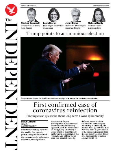 The Independent Newspaper Front Page (UK) for 25 August 2020