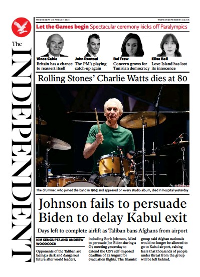 The Independent Newspaper Front Page (UK) for 25 August 2021