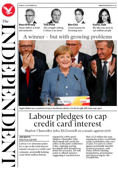 The Independent Newspaper Front Page (UK) for 25 September 2017