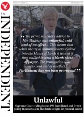 The Independent (UK) Newspaper Front Page for 25 September 2019