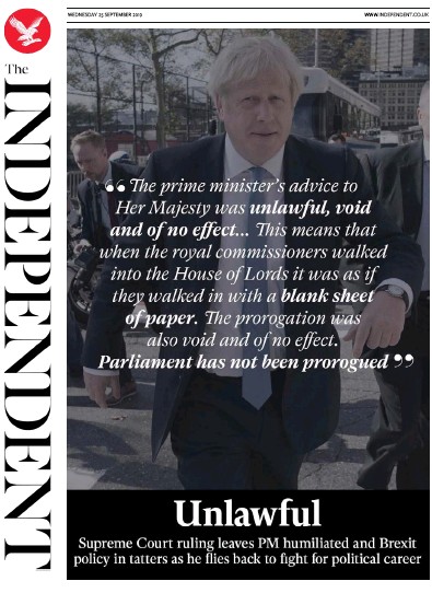 The Independent Newspaper Front Page (UK) for 25 September 2019
