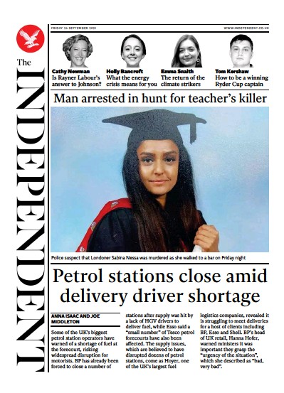The Independent Newspaper Front Page (UK) for 25 September 2021