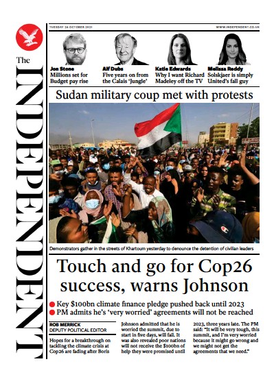 The Independent Newspaper Front Page (UK) for 26 October 2021