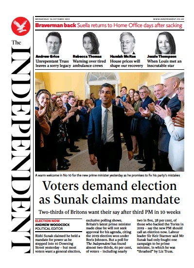 The Independent Newspaper Front Page (UK) for 26 October 2022