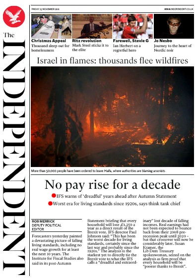 The Independent Newspaper Front Page (UK) for 26 November 2016
