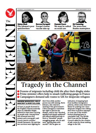 The Independent Newspaper Front Page (UK) for 26 November 2021
