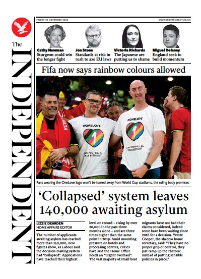 The Independent Newspaper Front Page (UK) for 26 November 2022