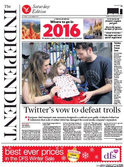 The Independent Newspaper Front Page (UK) for 26 December 2015