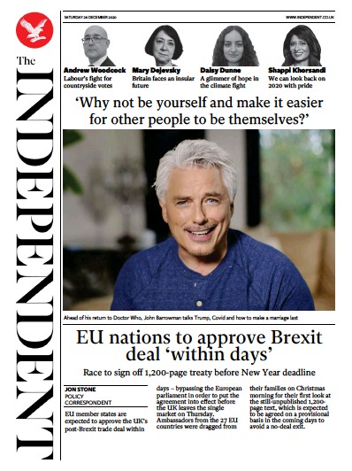 The Independent Newspaper Front Page (UK) for 26 December 2020