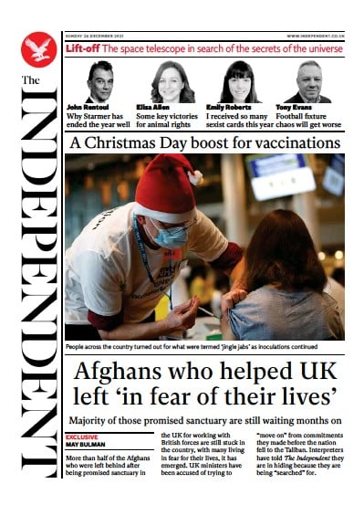 The Independent Newspaper Front Page (UK) for 26 December 2021