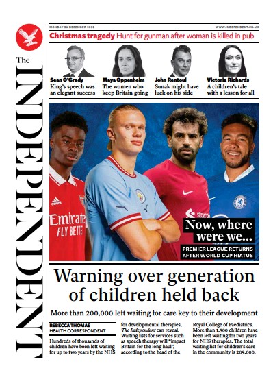 The Independent Newspaper Front Page (UK) for 26 December 2022