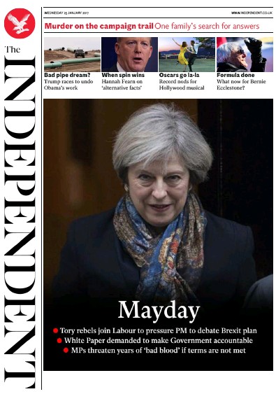 The Independent Newspaper Front Page (UK) for 26 January 2017