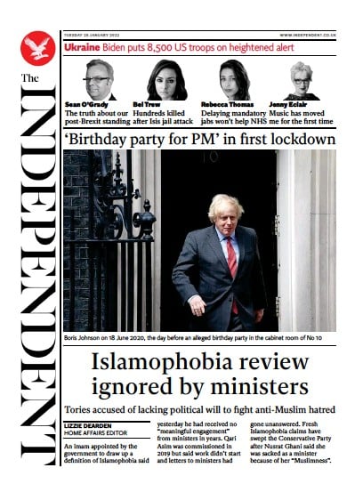 The Independent Newspaper Front Page (UK) for 26 January 2022