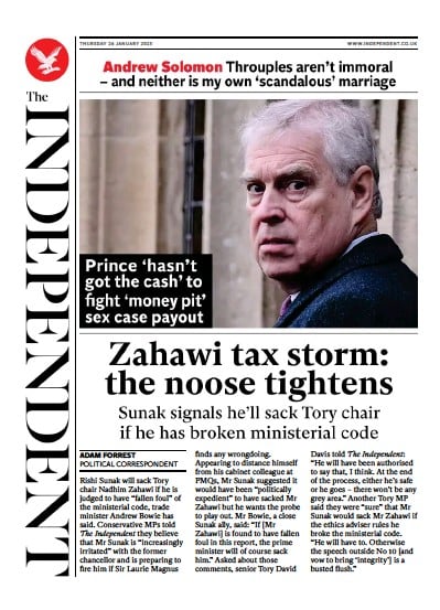 The Independent Newspaper Front Page (UK) for 26 January 2023