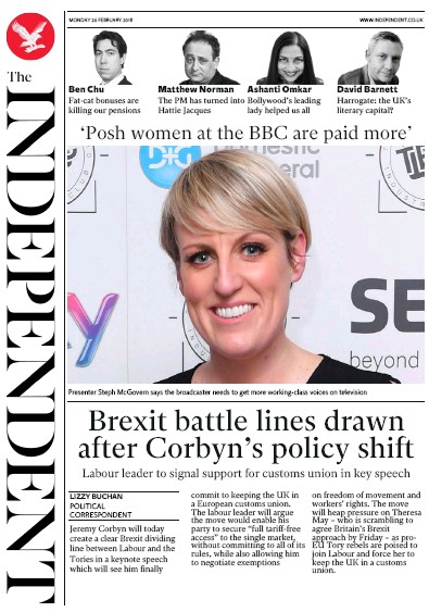 The Independent Newspaper Front Page (UK) for 26 February 2018