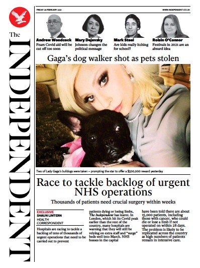 The Independent Newspaper Front Page (UK) for 26 February 2021